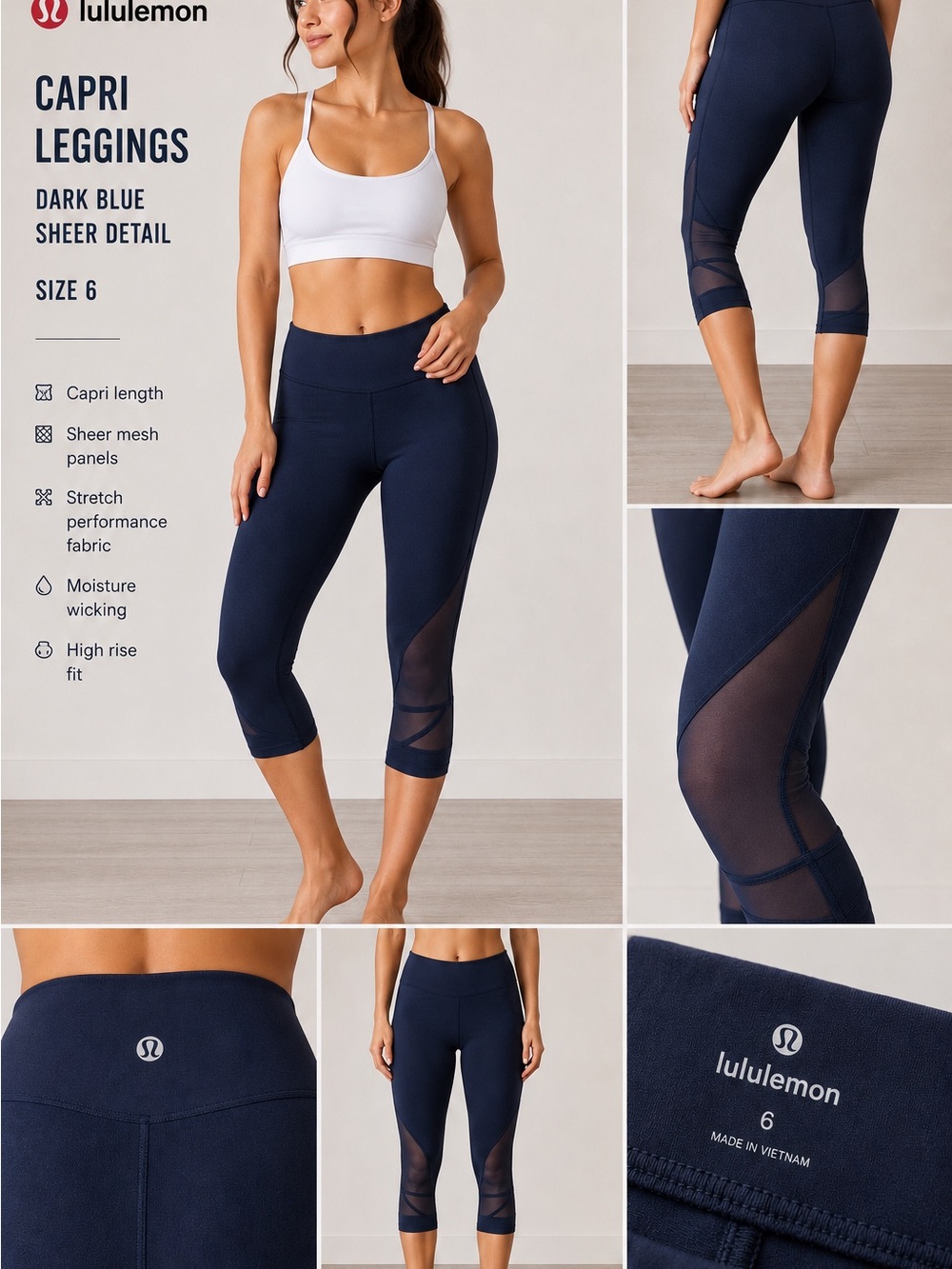 lululemon athletica Navy Capri Leggings with Sheer Mesh Panels